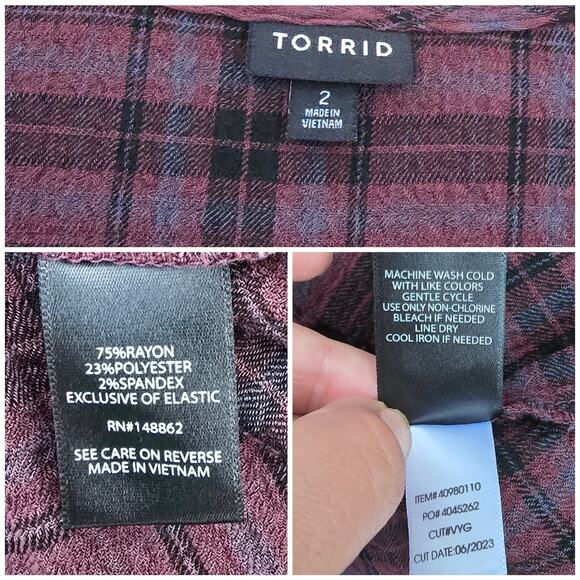 Plaid Babydoll Top Torrid Plus Size 2X Smocked Puff Sleeve Button Stretch Gauze - Picture 4 of 9